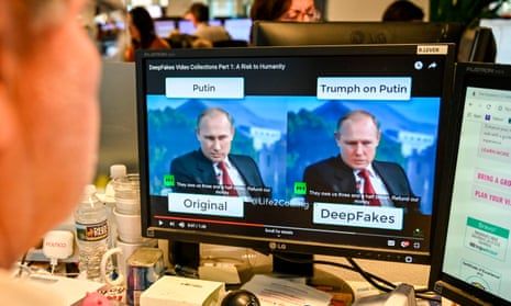 A AFP journalist views a video on January 25, 2019, manipulated with artificial intelligence to potentially deceive viewers, or “deepfake” at his newsdesk in Washington, DC