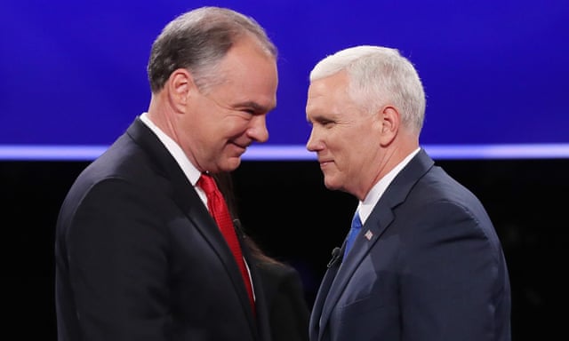 Republican Mike Pence, right, and Democrat Tim Kaine go head to head at the vice-presidential debate in Farmville, Virginia.