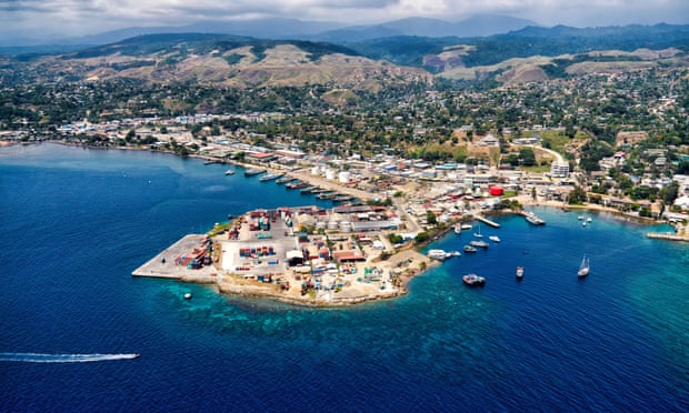 Aerial view of a fishing village in Honiara, Solomon Islands.