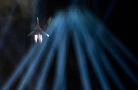 A US Air Force B-1 Lancer supersonic heavy bomber performs a flyover during UFC Freedom 250.