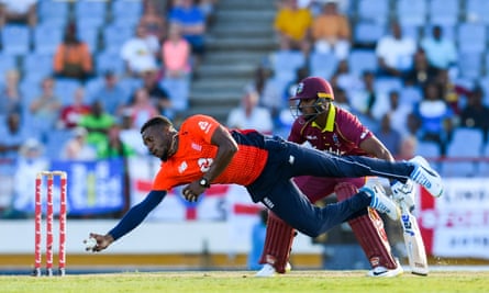 Chris Jordan takes a catch against the West Indies in March 2019.