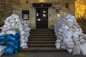 Sand bags seen at the front of a building for protection in anticipation for Russian attack in Lviv, Ukraine