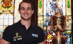 Sean Armstrong got his hands on the Webb Ellis Cup at Heidelberg city hall as part of Rugby World Cup trophy tour in April.