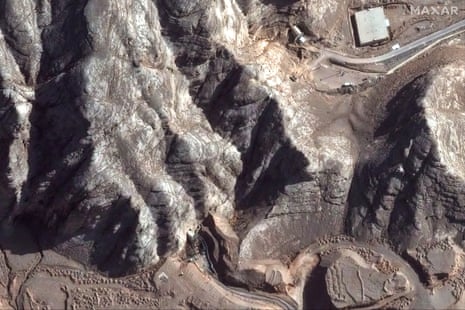 This handout satellite picture provided by Maxar Technologies and taken on June 24, 2025, shows damage caused by recent airstrikes on nearby tunnel entrances near Isfahan nuclear enrichment facility in central Iran.