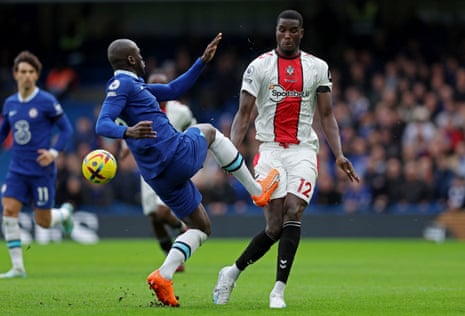 Chelsea's Kalidou Koulibaly goes in the book for a high challenge on Southampton's Paul Onuachu.
