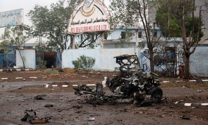 The mangled wreckage of a car reportedly destroyed in an airstrike by the Saudi-led coalition is seen near the eastern entrance of the Yemeni city of Hodeida.
Photograph: Stringer/AFP/Getty Images
