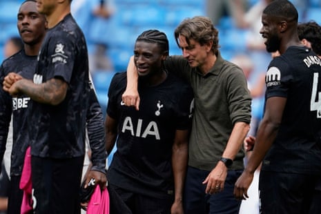 Tottenham Hotspur manager Thomas Frank hugs Mohammed Kudus after the Premier League victory over Manchester City.