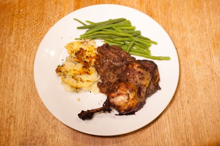 Coq au vin with potatoes dauphinoise and Tim’s green beans.