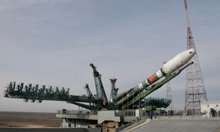 A Soyuz rocket carrying OneWeb satellites being removed from a launchpad at the Baikonur Cosmodrome on 4 March.