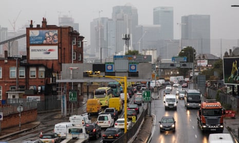 Vehicles queue during the morning rush hour on the Blackwall Tunnel approach in Greenwich, London