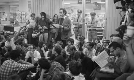 Students for a Democratic Society conducting a sit-in at Berkeley, University of California, 1966.