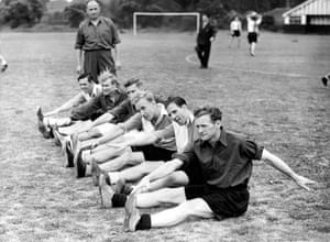 The England team gather at Dulwich for special training on 13 June 1950: Bill Eckersley, Wilf Mannion, Roy Bentley, Billy Wright, Edward Baily, and Tom Finney.