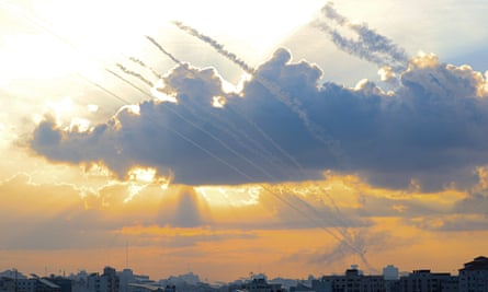 Rockets are fired from Gaza City towards Israel on 7 October 2023