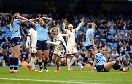 Chelsea’s Erin Cuthbert celebrates scoring their winner at Manchester City