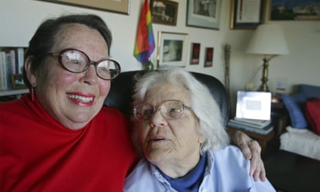 Phyllis Lyon, left, and her wife Del Martin at their home in San Francisco. 