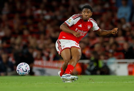 Myles Lewis-Skelly on the ball during the Premier League match between Arsenal and Coventry in August