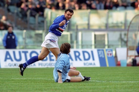 Terrifying hard man Pietro Vierchowod gestures to Beppe Signori of Lazio.