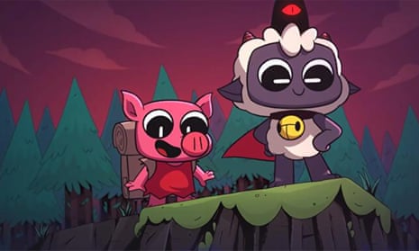 A screen shot from the video game Cult of the Lamb, showing two animated characters – one a pig in a red smock carrying a backpack, and the other a lamb with a cape and a bell around its neck