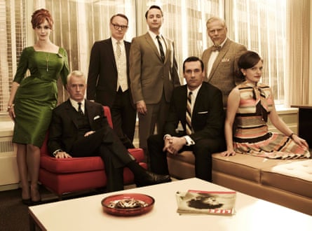 Christina Hendricks as Joan Harris, John Slattery as Roger Sterling, Jared Harris as Lane Pryce, Vincent Kartheiser as Pete Campbell, Jon Hamm as Don Draper, Robert Morse as Bertram Cooper and Elisabeth Moss as Peggy Olson in Mad Men.