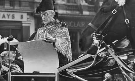 AGB Russell, the Lancaster Herald, reads the Proclamation of the Accession of Queen Elizabeth II from a royal carriage at Charing Cross, 8 February 1952.