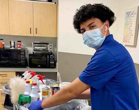Swin Cobón Sanchez, a high school senior, cleans houses during the day. At night, he mops, vacuums and empties trash at a downtown Seattle medical clinic. He hopes to graduate this year.