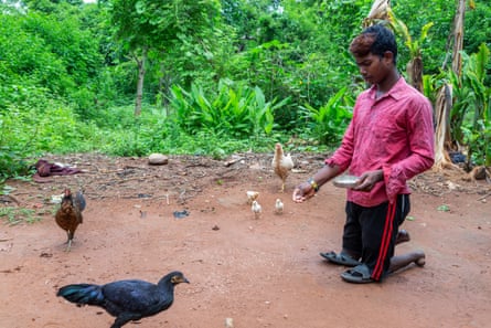 Chhotray Hembram feeds three chickens, one with chicks