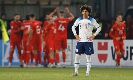 Rico Lewis of England shows a look of dejection after Enis Bardhi gives North Macedonia the lead.