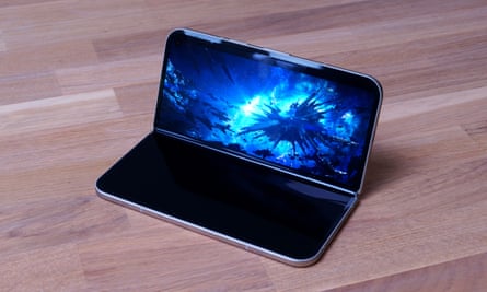 The Google Pixel 9 Pro Fold playing Netflix on a partially folded screen.