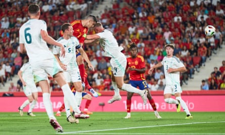 Álvaro Morata heads home Spain’s second goal during their 5-1 international friendly victory over Northern Ireland in June 2024.