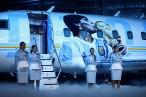 Morón, Argentina. An aircraft painted with images depicting Diego Maradona holding the World Cup trophy is presented in Buenos Aires province. Some of the 1986 Fifa World Cup champions will travel in the plane to Qatar in November in homage to the late footballer