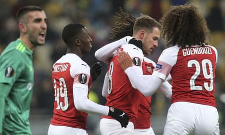 Arsenal’s Aaron Ramsey celebrates after scoring a penalty against Vorskla.