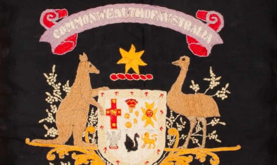 Part of a cotton cushion cover depicting the Australian coat of arms embroidered by Lance Corporal Albert Biggs
