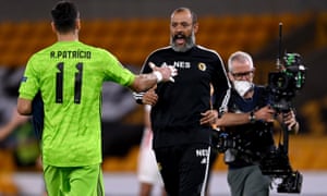 Wolves manager Nuno Espirito Santo celebrates victory with his keeper Rui Patricio.