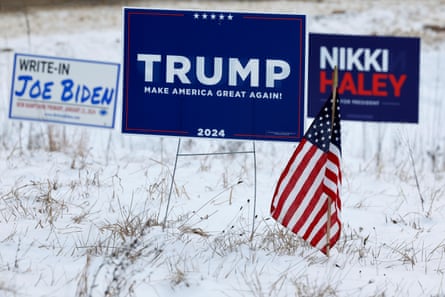 Campaign signs fir Jow Biden, Donald Trump and Nikki Haley in Loudon, New Hampshire, on 19 January 2024.