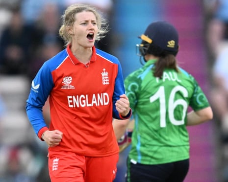 Charlie Dean of England celebrates taking the wicket of Leah Paul of Ireland