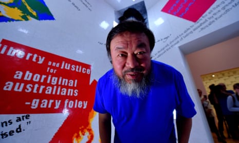 Ai Weiwei at his exhibition in Melbourne, part of which was constructed with toy bricks.