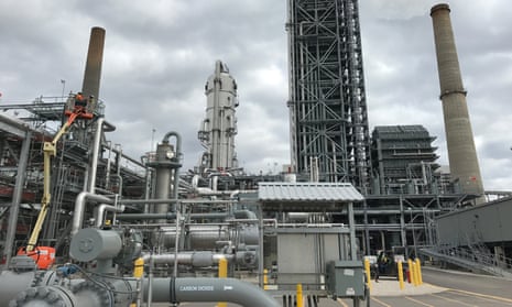 Equipment used to capture carbon dioxide emissions at a coal-fired power plant in Thompsons, Texas