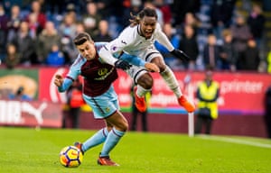 Renato Sanches of Swansea takes a fall during the 2-0 defeat to Burnley. Swansea have failed to score in seven of their past 11 away games in the Premier League