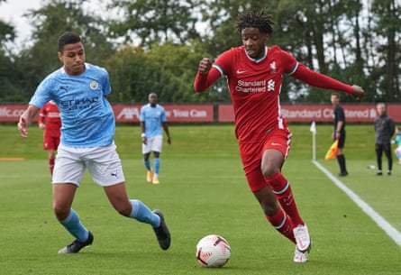 Shea Charles in action for Manchester City’s under-18s against Liverpool in 2020.