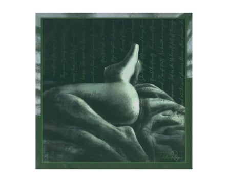 A square Tabitha Rayne Scandalous Scarf. The scarf is printed with the image of a naked body stretching out on a blanket.