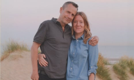 Jeremy Hardy and Katie Barlow on holiday in Camber Sands, 2016. 