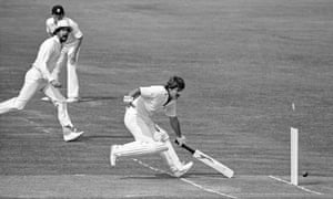 Derbyshire’s Barry Wood and Geoff Miller (in sun hat) appeal as Allan Lamb of Northamptonshire fails to make his ground and is run out.