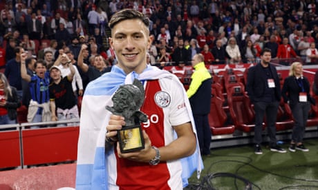 Ajax’s Lisandro Martínez with the Rinus Michels trophy having been voted player of the year for the 2021-22 season.