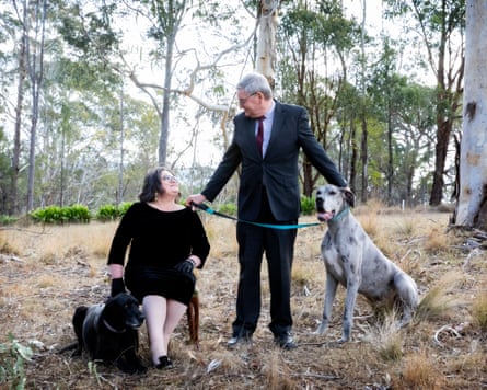 Lynda and David with their rescued danes, Ellie (left) and Leroy (right) in 2023.