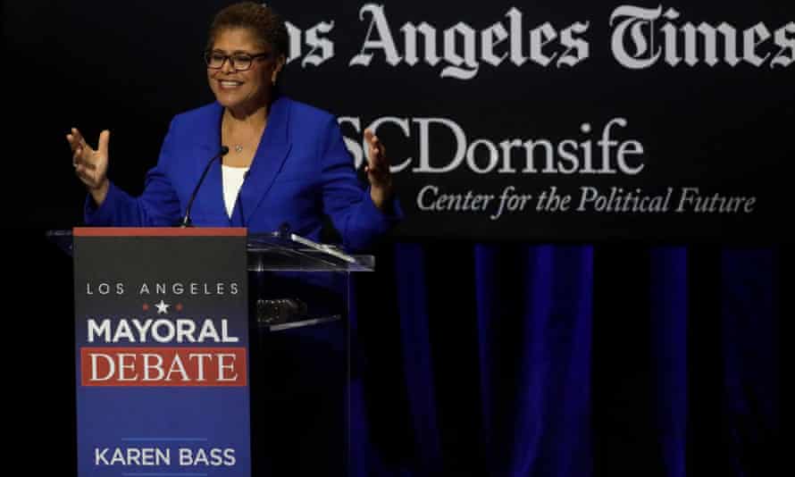 US Rep. Karen Bass speaks during a mayoral candidate debate at Bovard Auditorium on the USC campus in Los Angeles, March 2022.