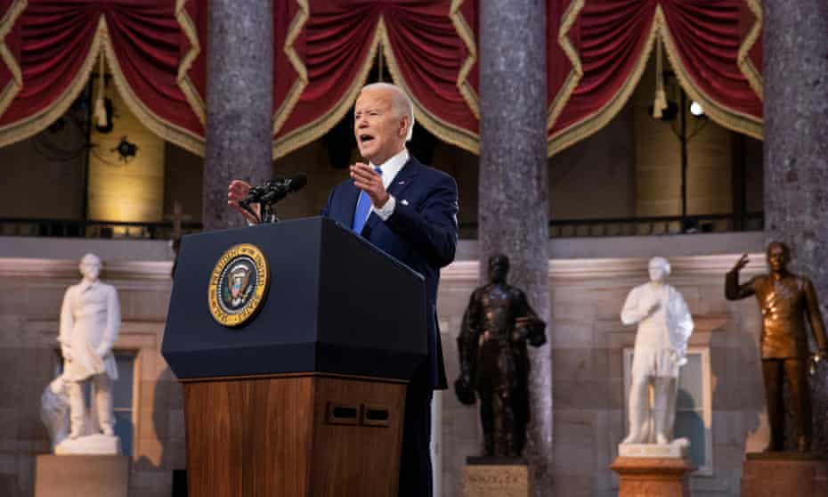 Biden gives his speech in the National Statuary Hall. It was a bracing call to action from the president.