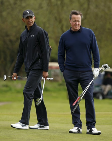 US President Barack Obama plays golf with Prime Minister David Cameron near Watford in 2016.