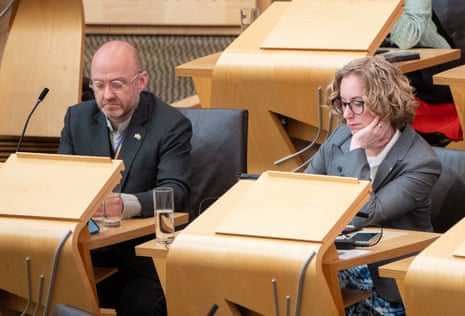 Scottish Green Party co-leaders Lorna Slater and Patrick Harvie sitting in the Scottish parliament today.