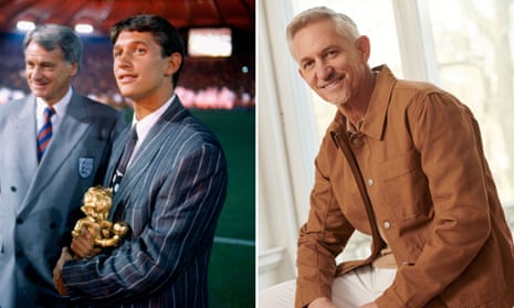 Lineker in ‘super garish suit’ with the Fair Play award at the 1990 World Cup, alongside England manager Bobby Robson. Gary Lineker modelling for Next.