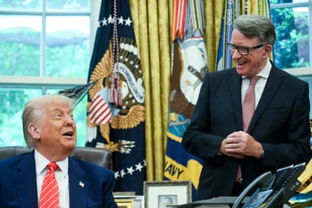 Donald Trump seated in the Oval Office laughs during an exchange with Peter Mandelson